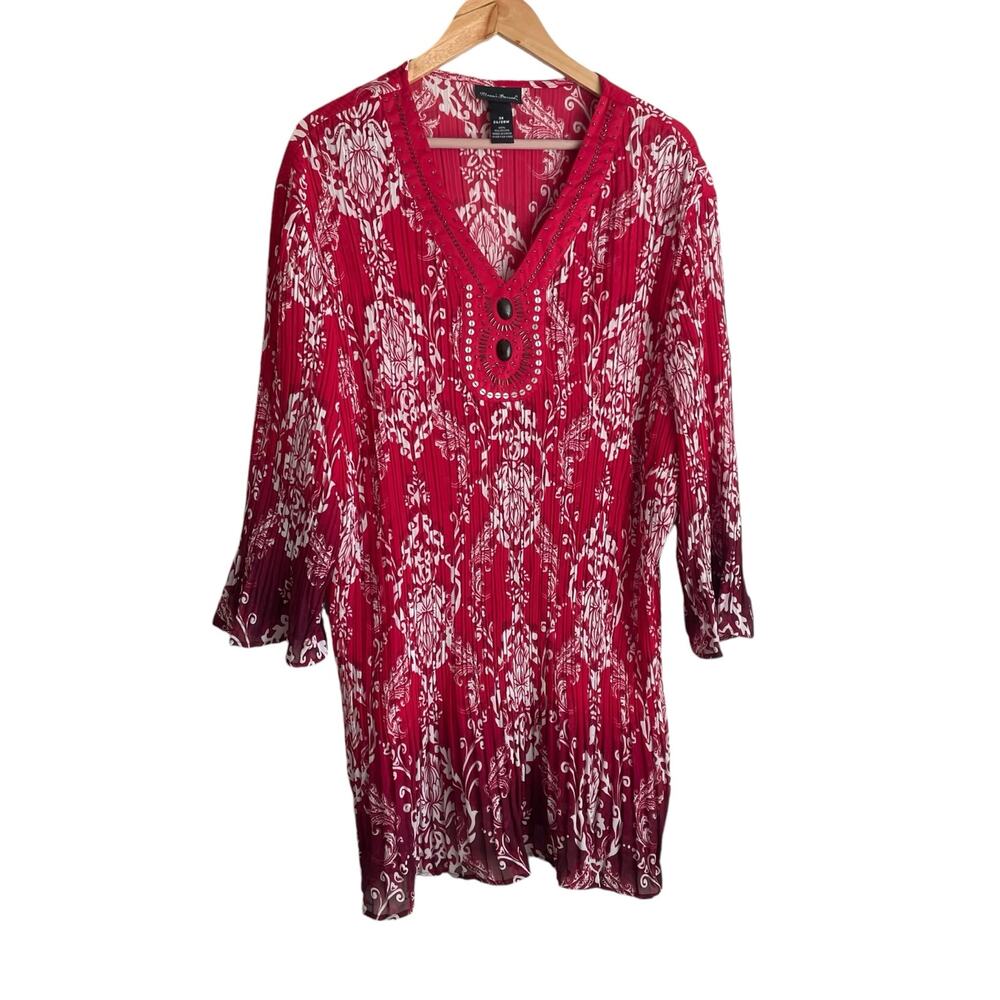 Maggie Barnes Women Top 3X Red Damask Print Crinkle Beaded Dressy‎ Mature Office - Picture 3 of 10